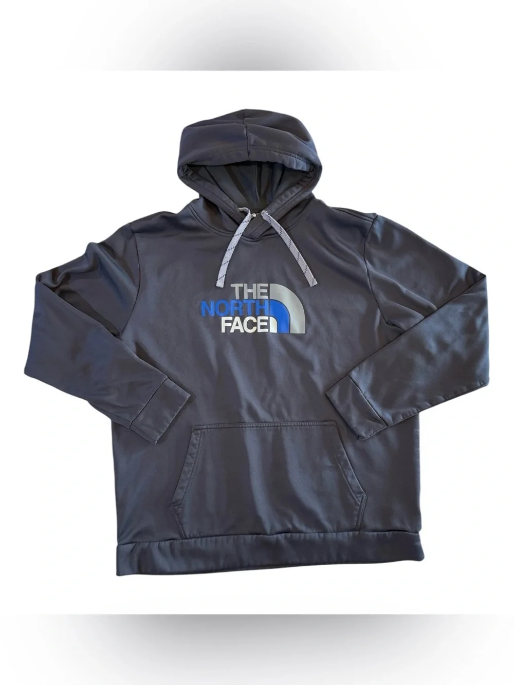 The North Face Men’s XXL Gray Blue Logo Polyester Fleece Pullover Hoodie
